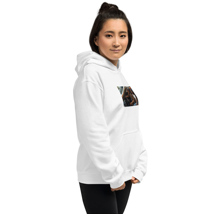 White unisex hoodie front view with hood, kangaroo pocket, and chest graphic