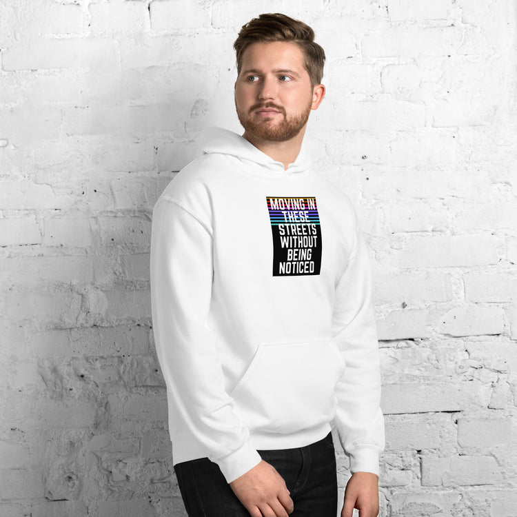 White unisex hoodie with hood and front pocket, chest graphic in a black box