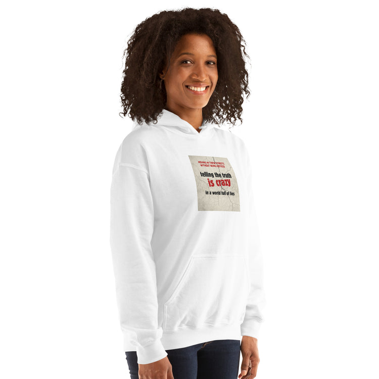 White unisex hoodie with chest graphic and kangaroo pocket, front view