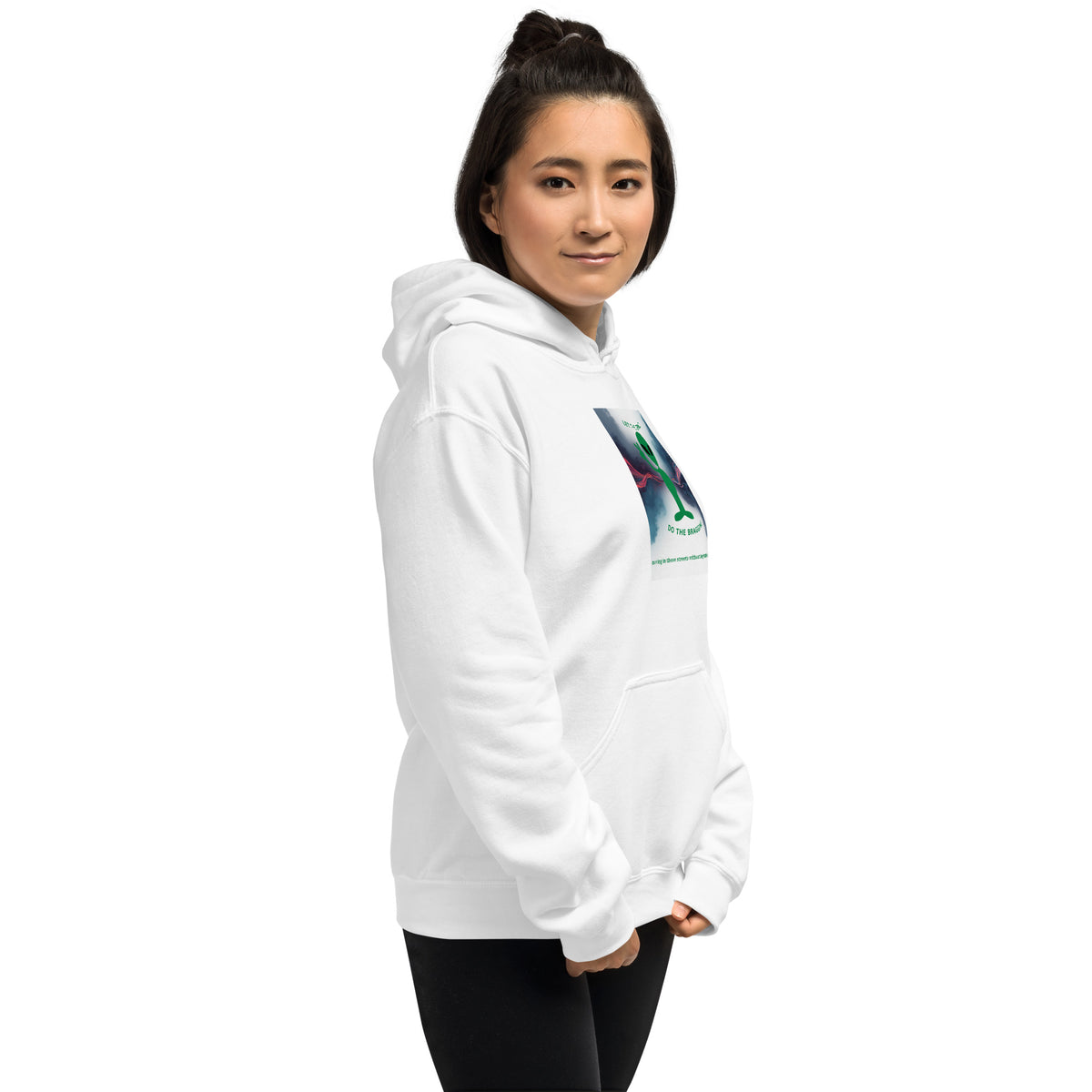 White pullover hoodie with front graphic print and drawstring hood