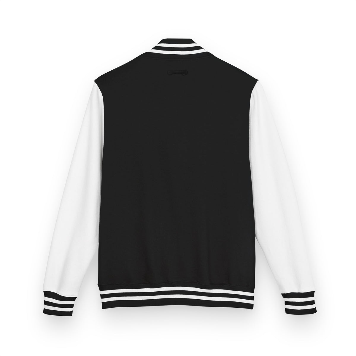 Heavyweight letterman jacket back view, black body with white sleeves and striped hem