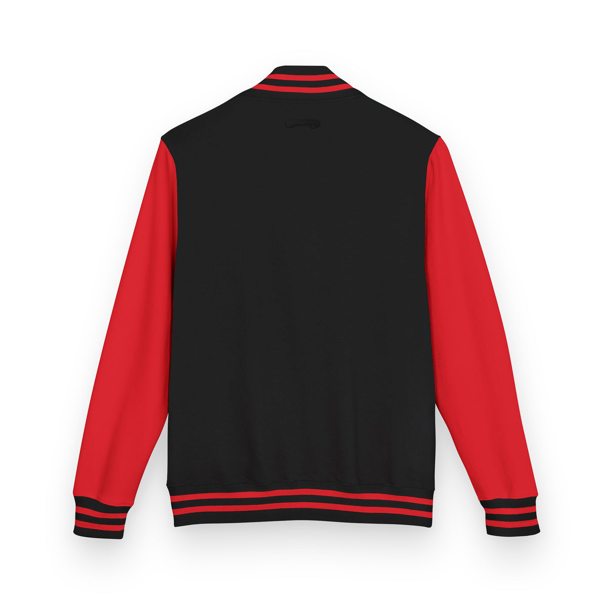 Black and red varsity jacket back view with striped hem, cuffs, and collar details