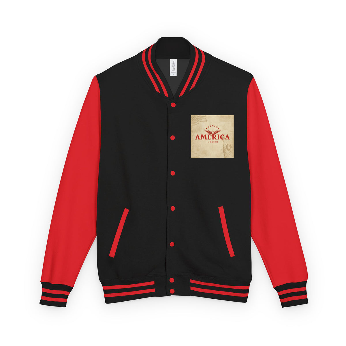 Black and red varsity jacket with button front, striped collar, and chest graphic patch