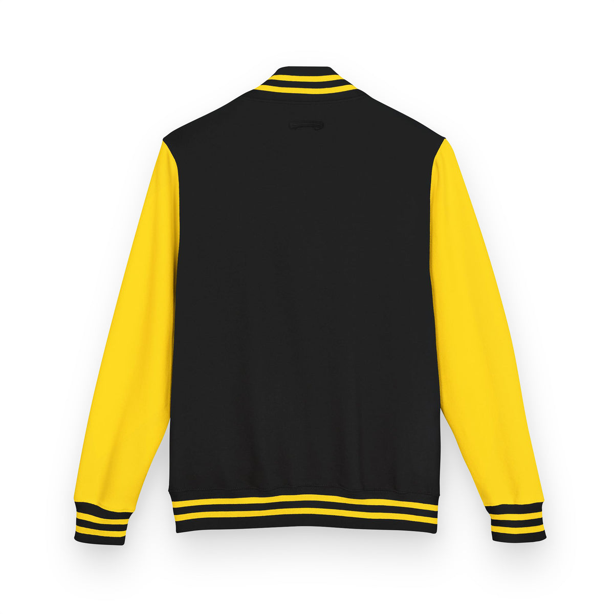 Heavyweight letterman jacket back view, black body with yellow sleeves and striped hem