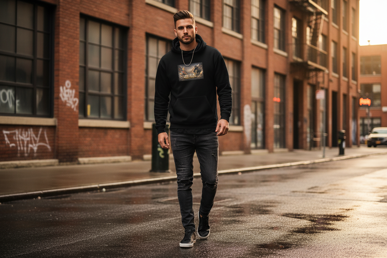 "A person wearing the Move In Silence Moving In These Streets Without Being Noticed black premium unisex hoodie"