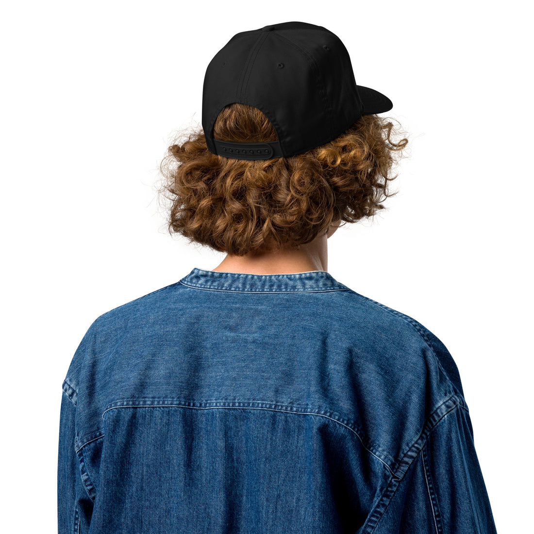 Black 5-panel cap, back view with adjustable strap and curved brim