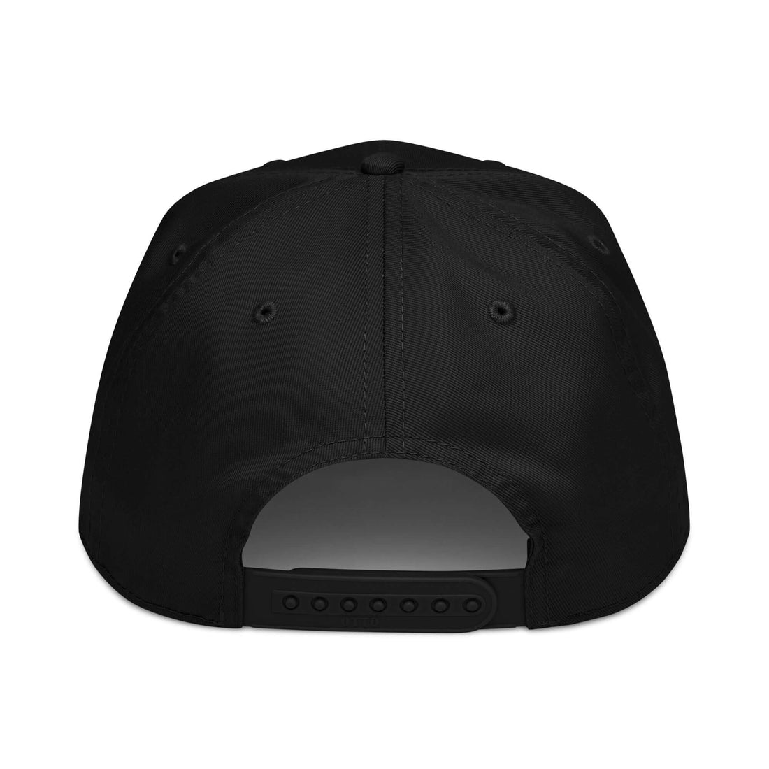 Black 5-panel cap back view with adjustable strap detail