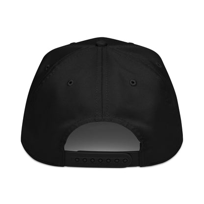 Black 5-panel baseball cap back view with adjustable strap and curved brim