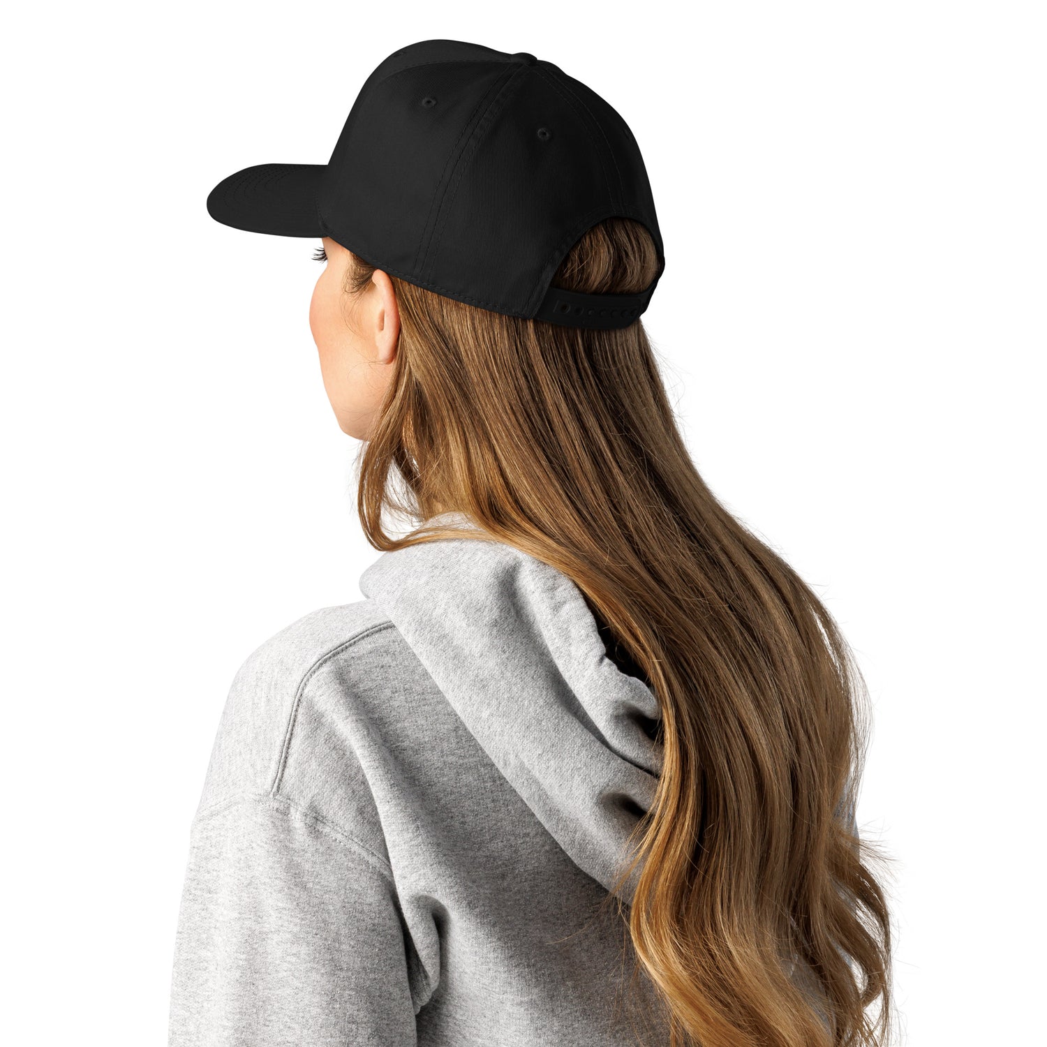 Black 5-panel cap, side view with curved brim and stitched panels