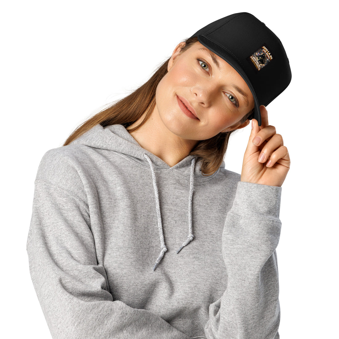 5-panel cap, black—curved brim and front logo patch
