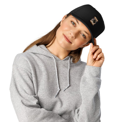 5-panel cap, black—curved brim and front logo patch