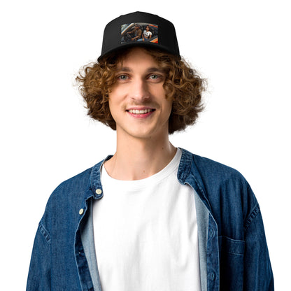 Black 5-panel cap with front patch graphic and curved brim