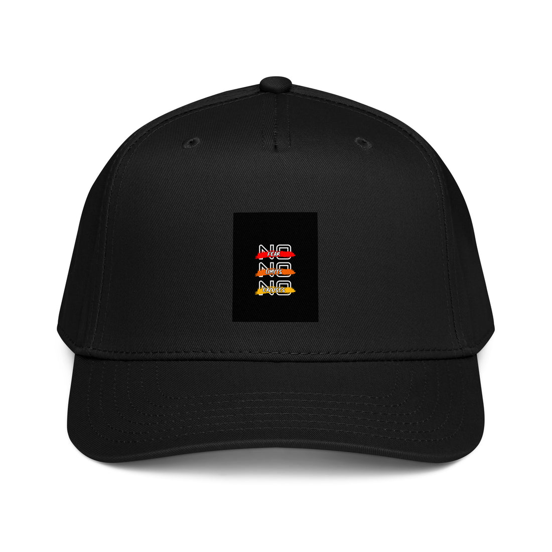 Black 5-panel cap with front square logo patch