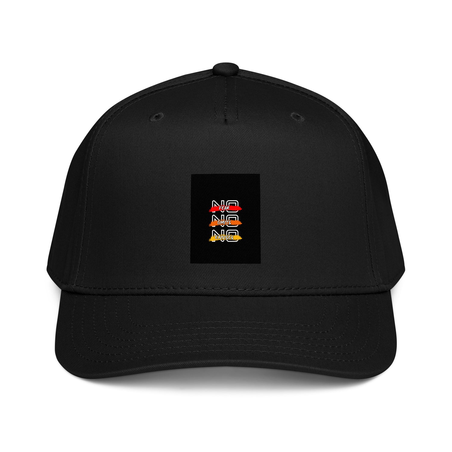 Black 5-panel cap with front square logo patch