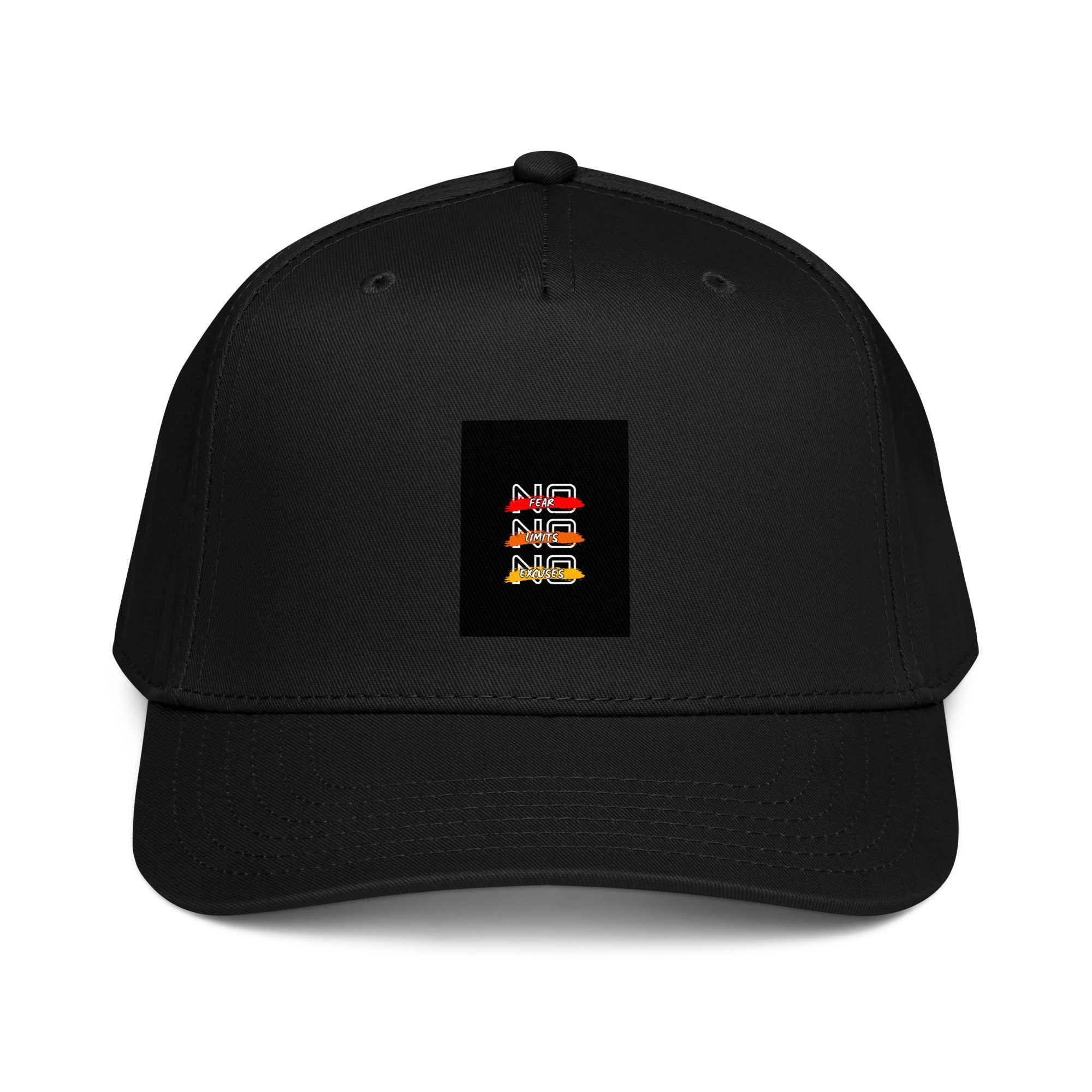 Black 5-panel cap with front square logo patch