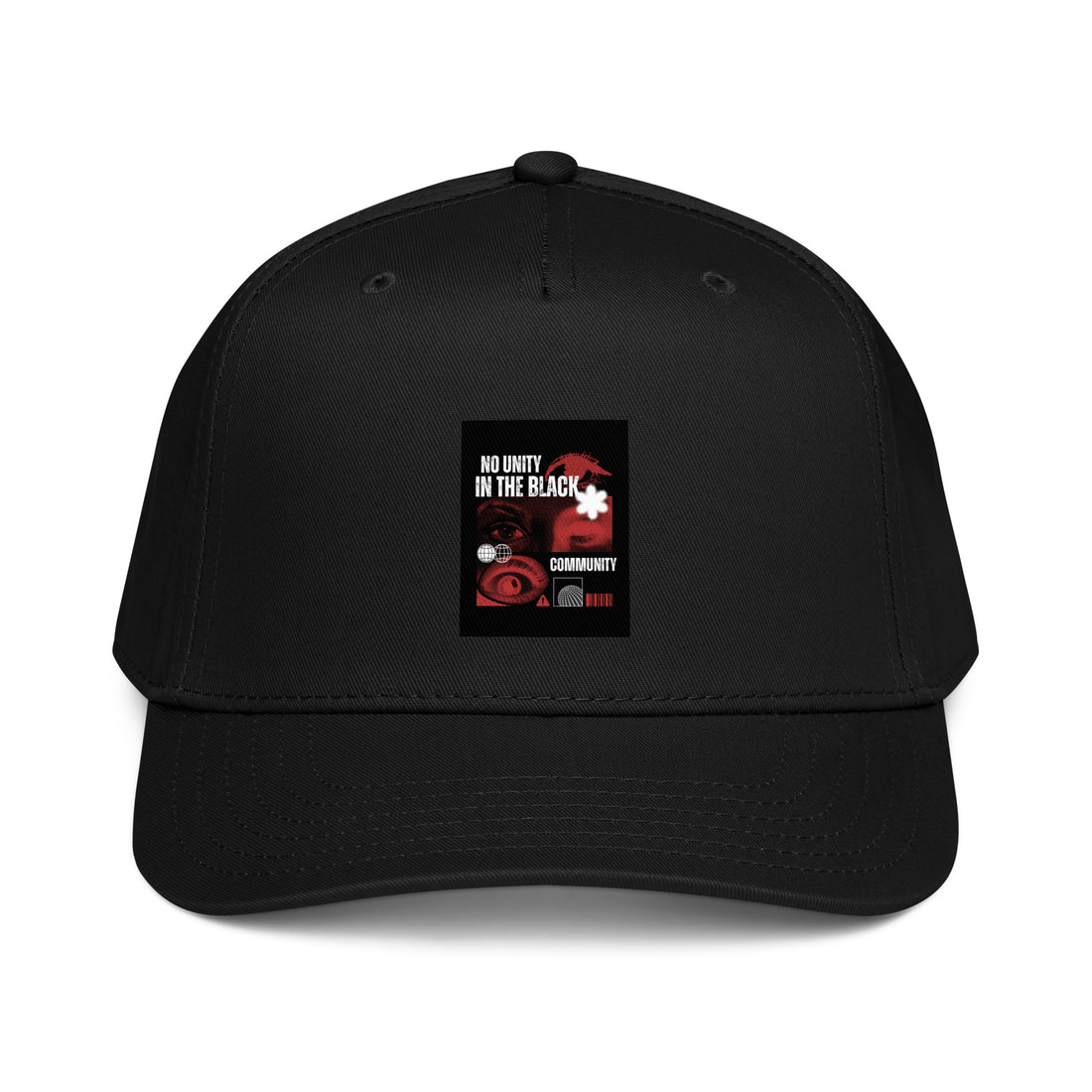 Move In Silence 5-panel black cap with front graphic patch