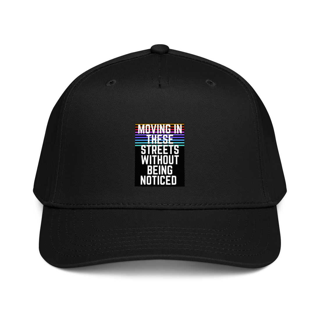 Black 5-panel cap with front graphic text in stacked stripes