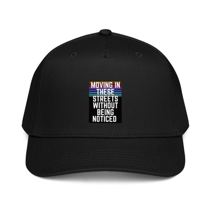 Black 5-panel cap with front graphic text in stacked stripes