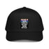 Black 5-panel cap with front graphic text in stacked stripes
