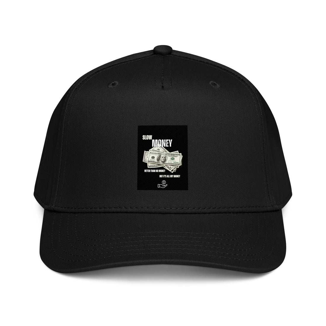 Slow Money 5-panel cap, black with front “Slow Money” money-print logo