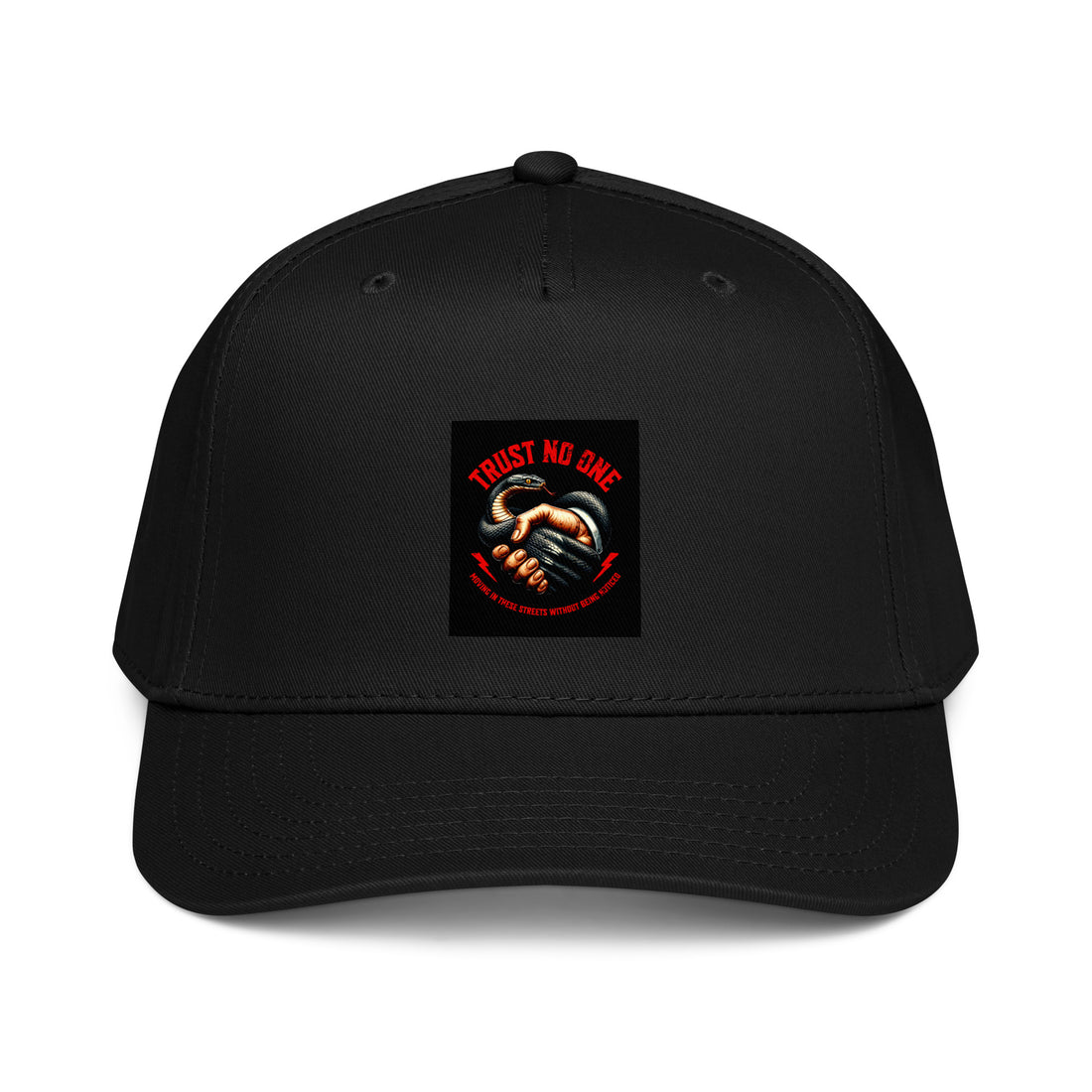 Trust No One 5-panel cap, Black, front logo patch