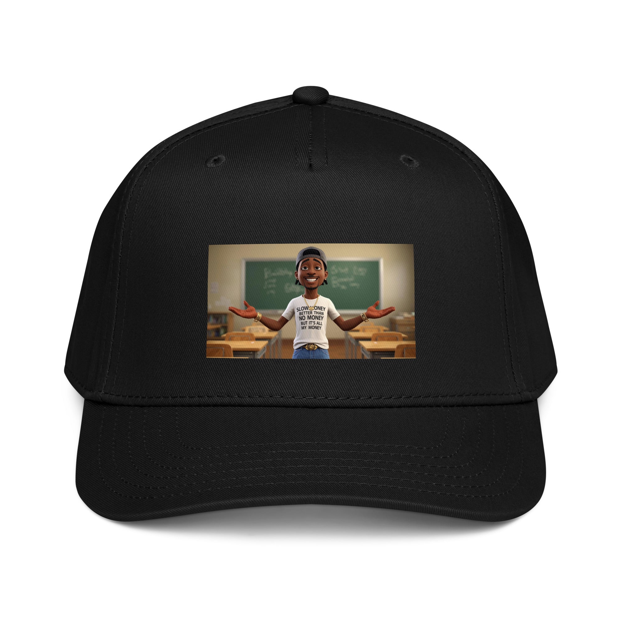 Slow Money Better Than No Money 5-Panel Cap (Black) with front graphic patch