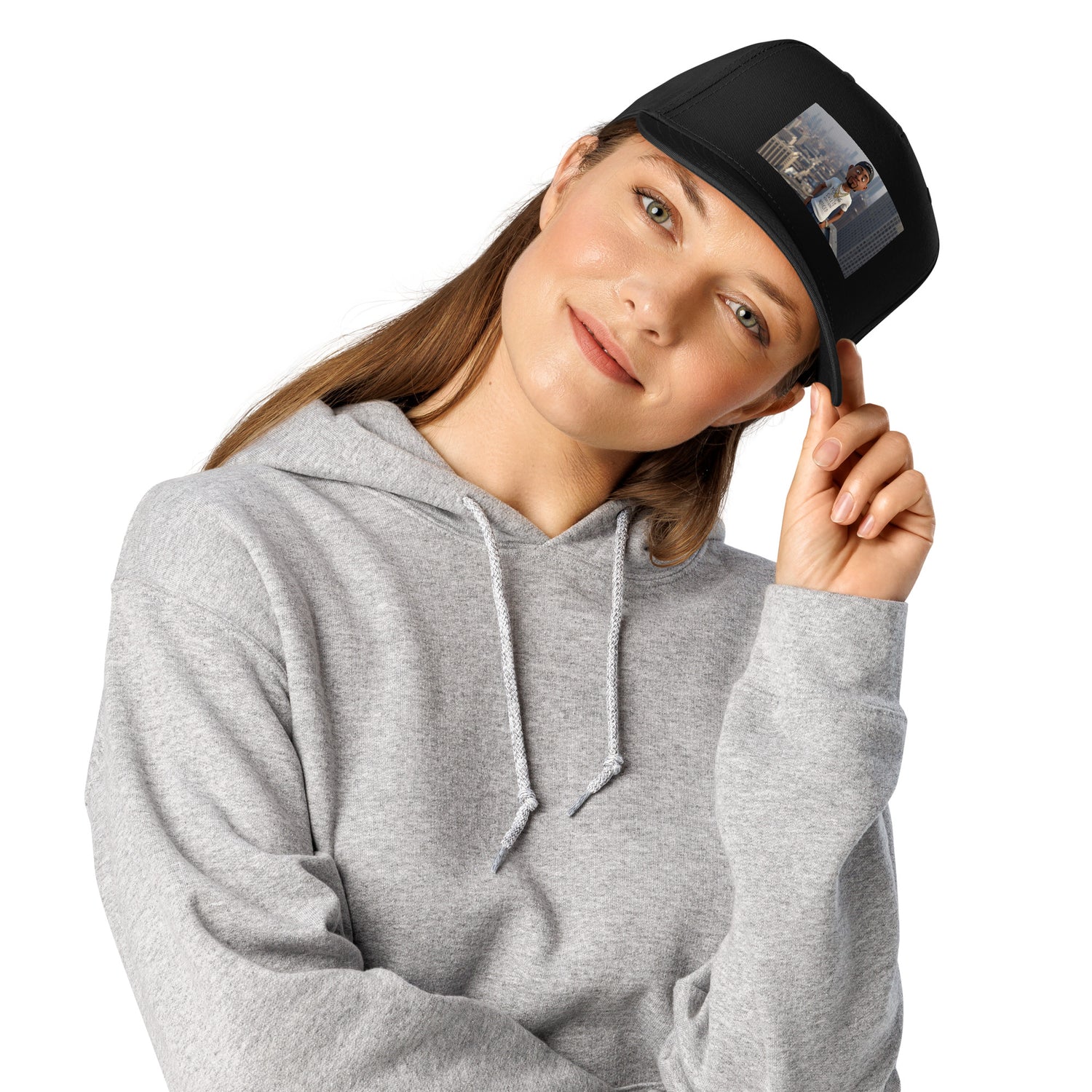 Black 5-panel cap with side photo patch and curved brim