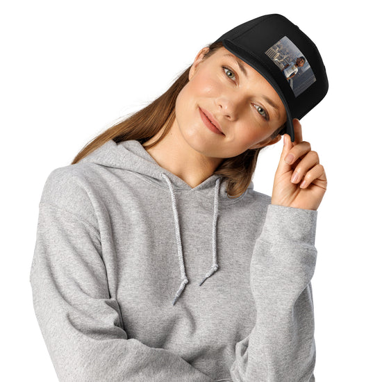 Black 5-panel cap with side photo patch and curved brim