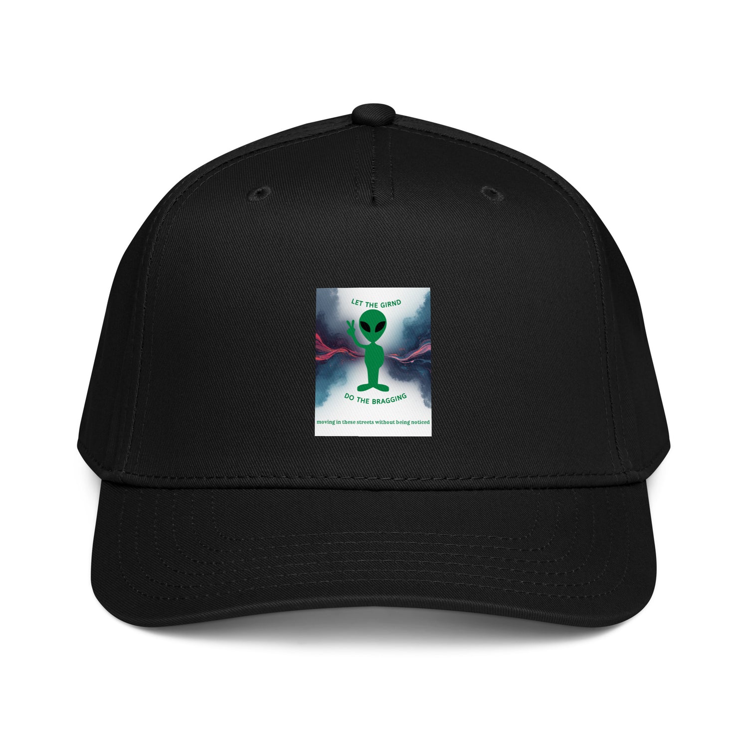 Black 5-panel cap with front graphic patch and curved brim