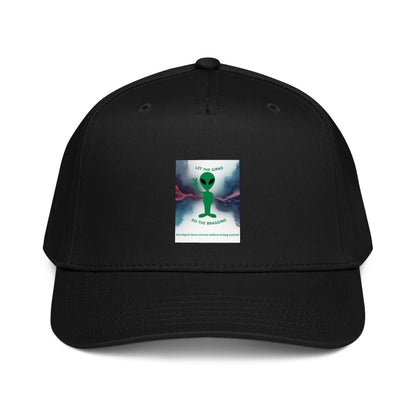 Black 5-panel cap with front graphic patch and curved brim