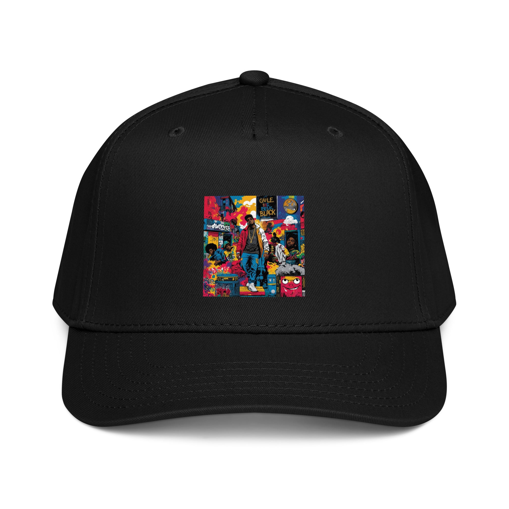 Black 5-panel cap with colorful comic graphic on front