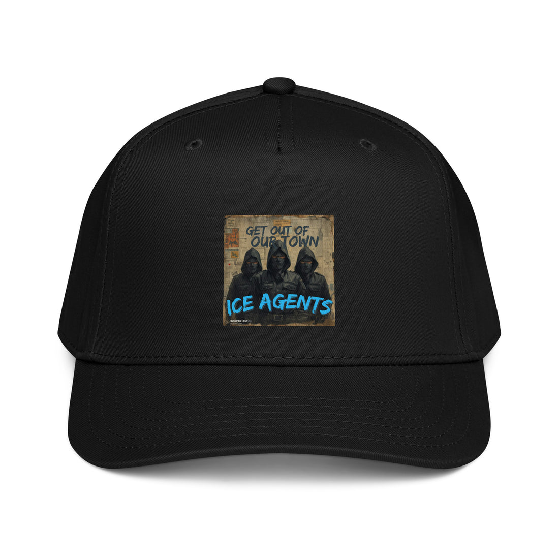 5-panel cap in black with front graphic patch, “ICE AGENTS” text