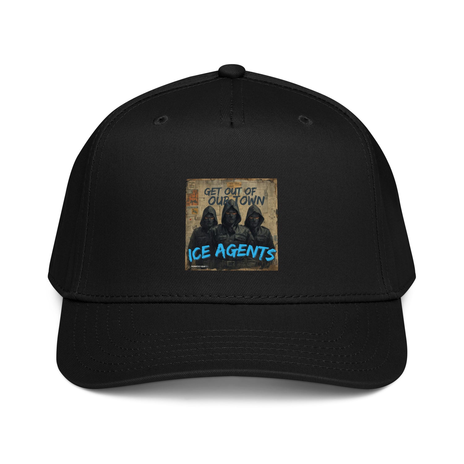 5-panel cap in black with front graphic patch, “ICE AGENTS” text