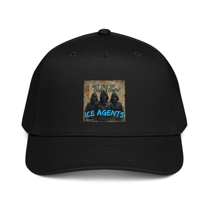 5-panel cap in black with front graphic patch, “ICE AGENTS” text
