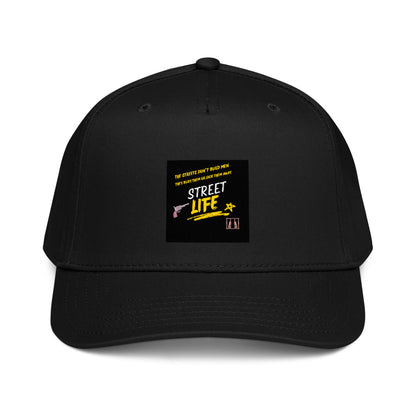 Black 5-panel cap with front logo patch and curved brim.