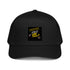 Black 5-panel cap with front logo patch and curved brim.