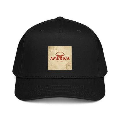 Black 5-panel cap with front square America graphic patch and curved brim
