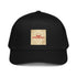 Black 5-panel cap with front square America graphic patch and curved brim