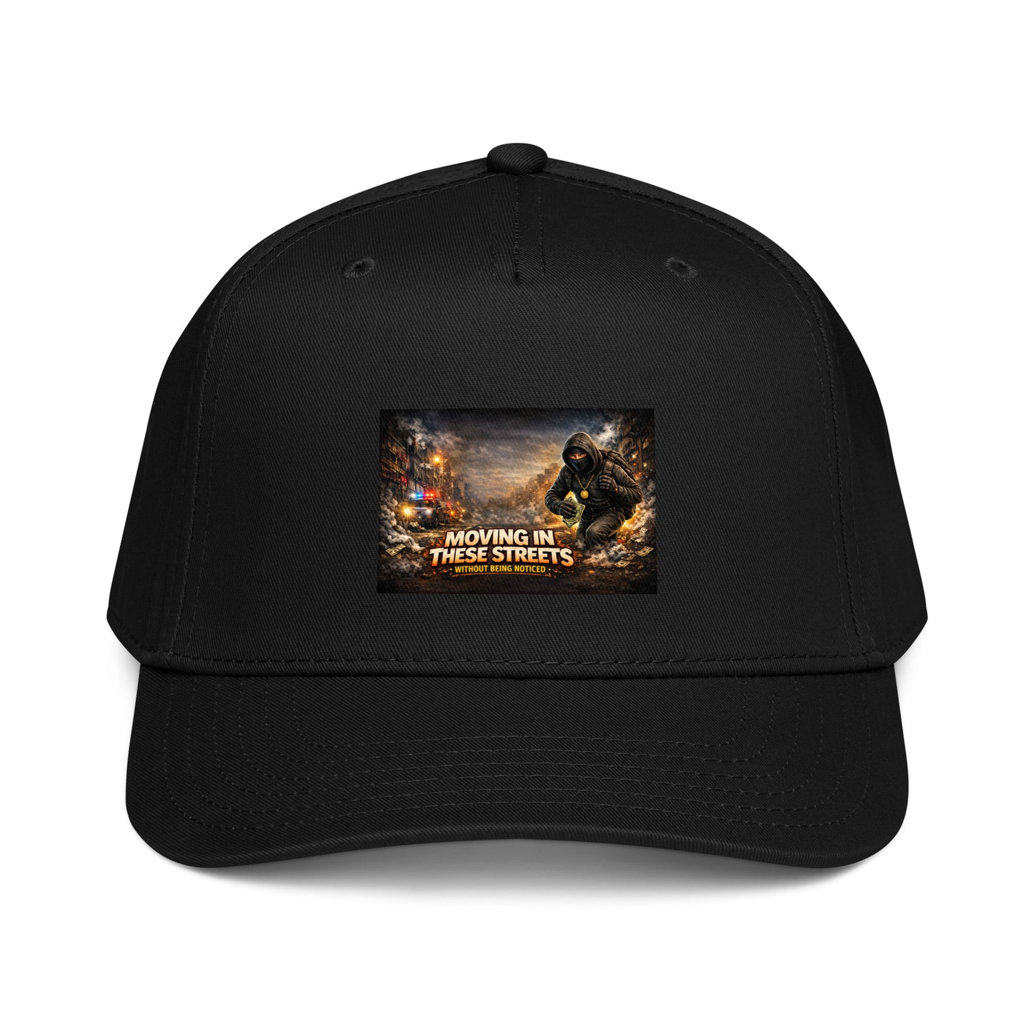 5-Panel Cap Schwarz mit Front-Patch „Moving in These Streets“