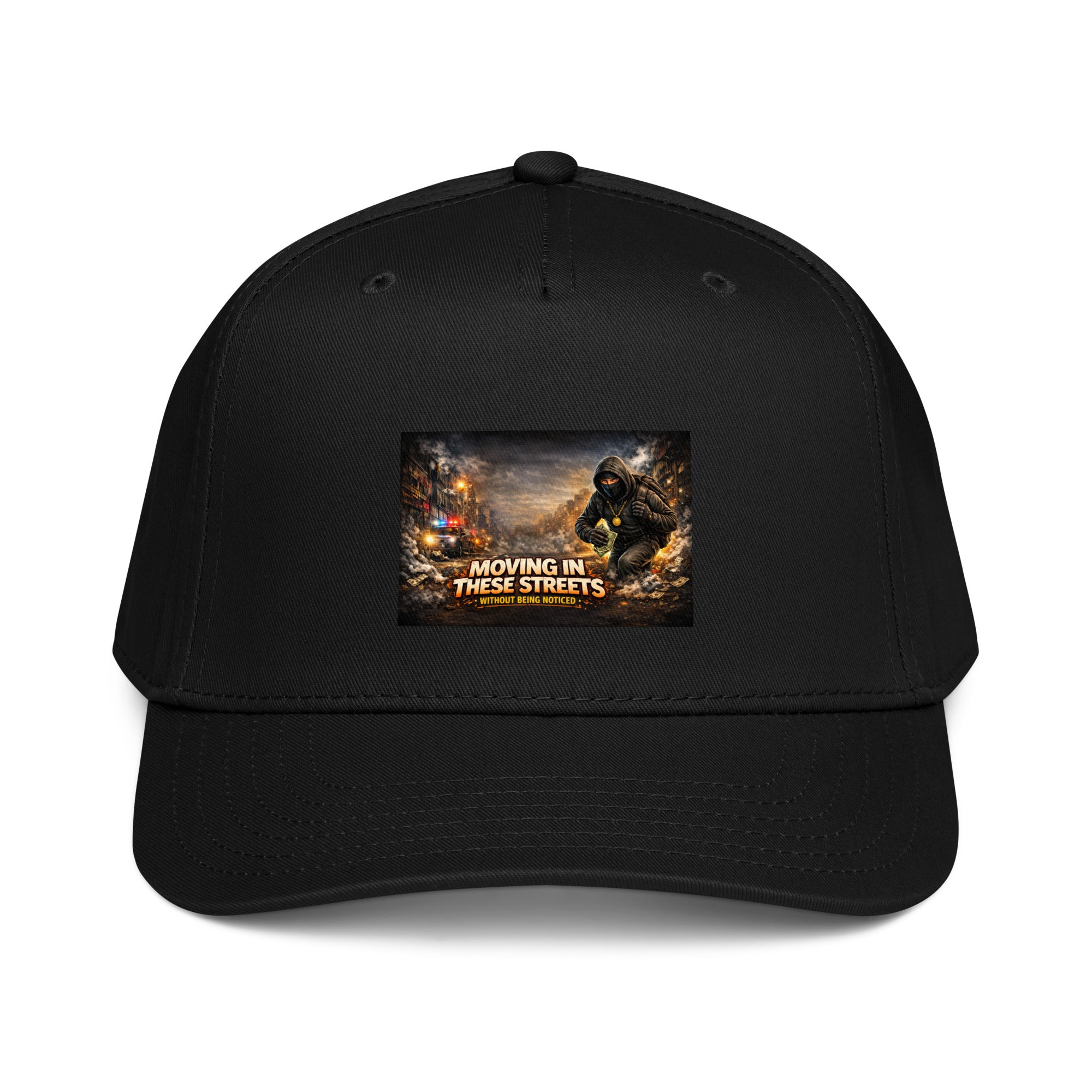 5-Panel Cap Schwarz mit Front-Patch „Moving in These Streets“