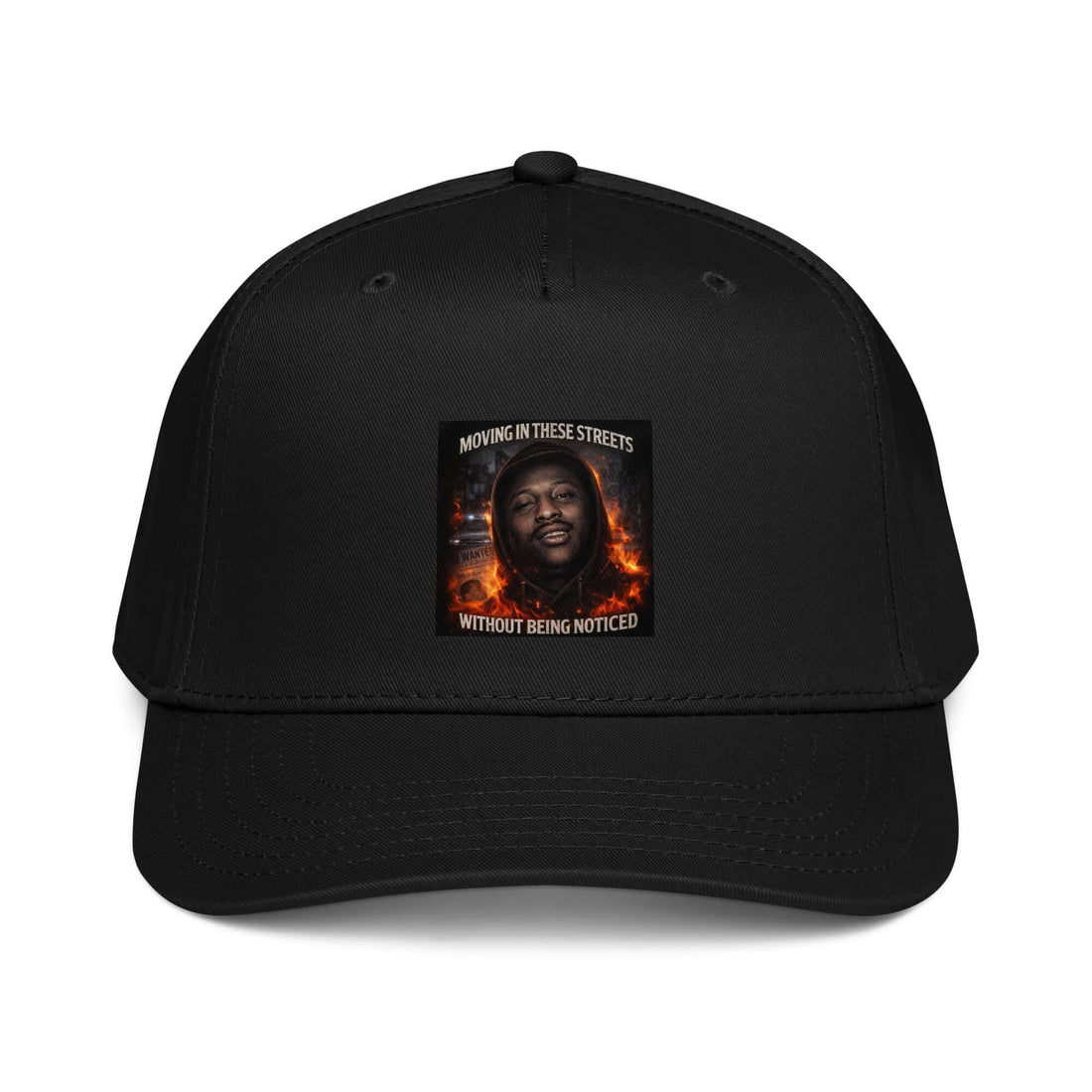 Black 5-panel cap with front graphic patch and curved brim