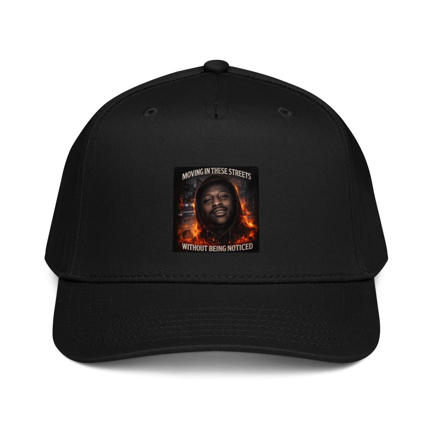 Black 5-panel cap with front graphic patch and curved brim