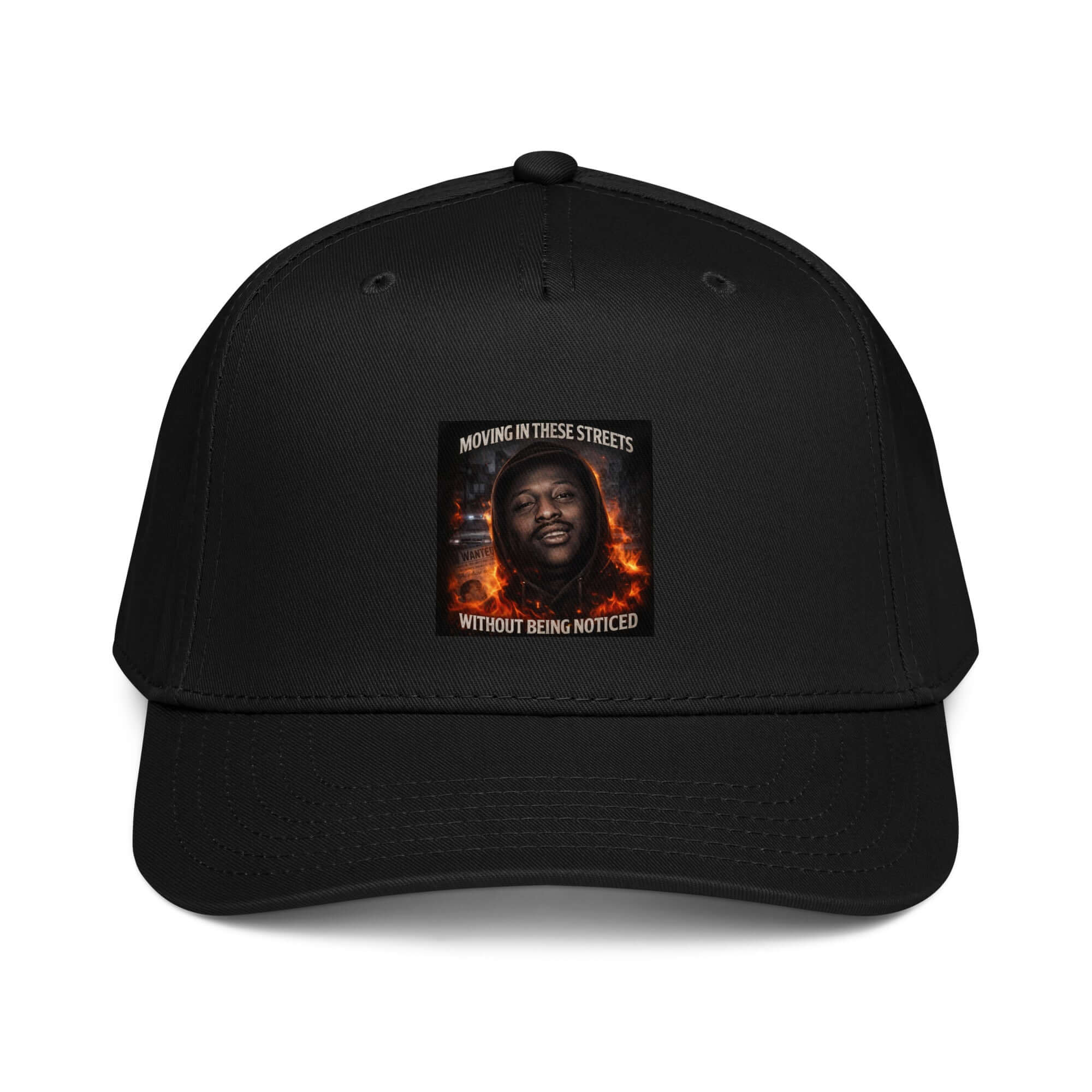 Black 5-panel cap with front graphic patch and curved brim