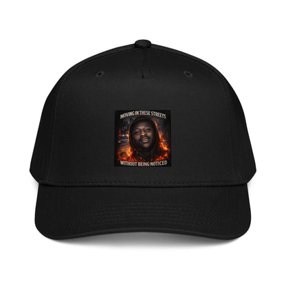 Black 5-panel cap with front graphic patch and curved brim