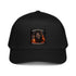 Black 5-panel cap with front graphic patch and curved brim