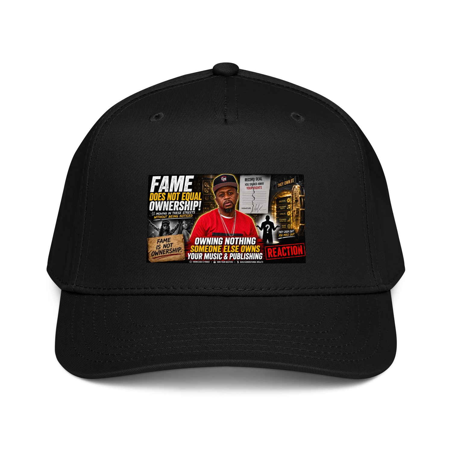 Black 5-panel baseball cap with front graphic logo patch and curved brim