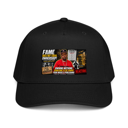 Black 5-panel baseball cap with front graphic logo patch and curved brim