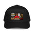Black 5-panel baseball cap with front graphic logo patch and curved brim