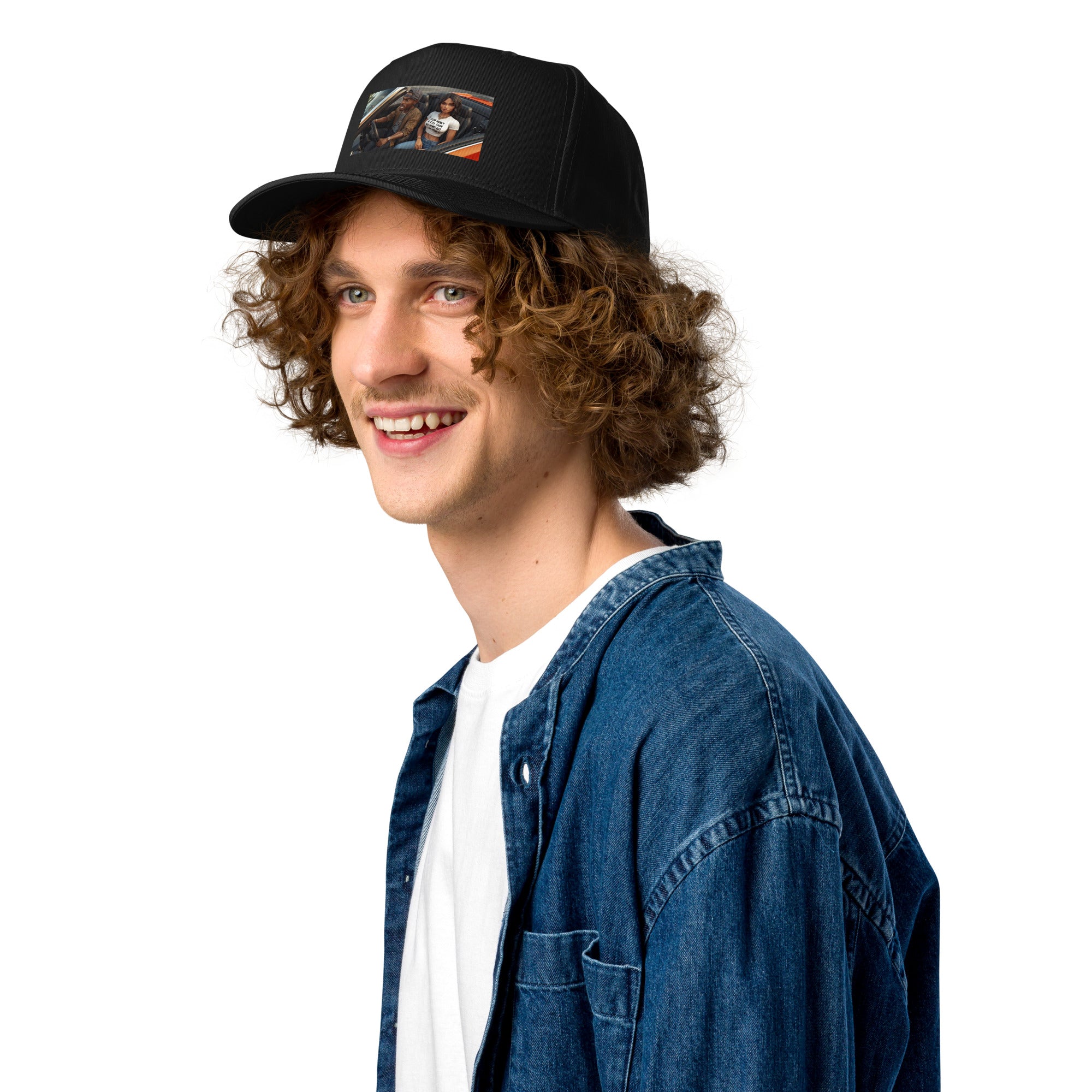 Black 5-panel cap showing side profile and front patch graphic