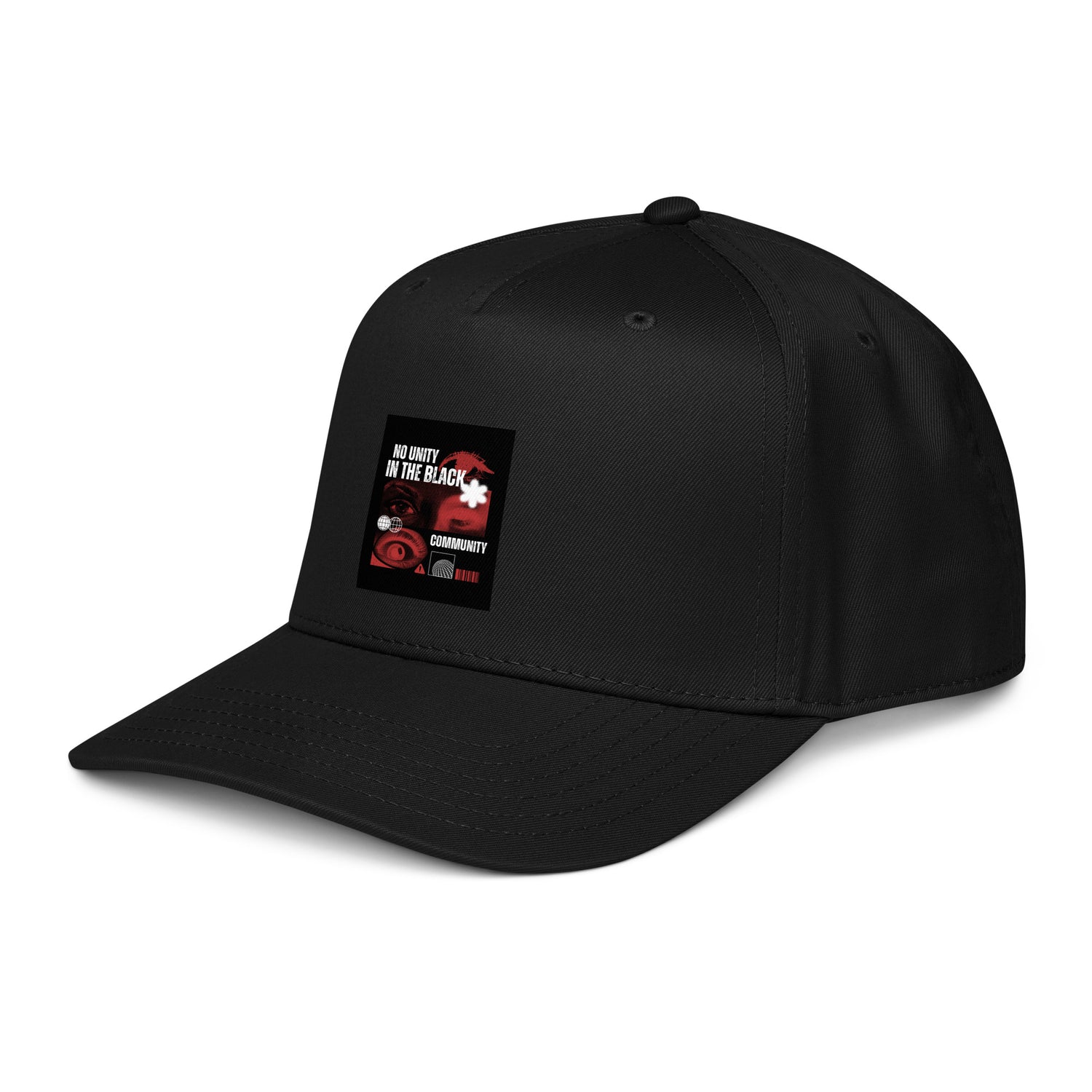 Black 5-panel cap side view with front graphic patch